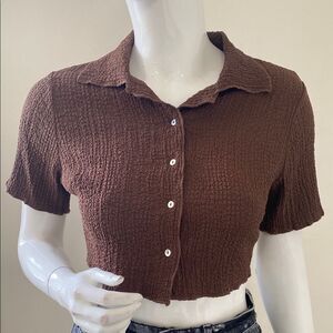 Zara Brown Lightweight Textured Cropped Short Sleeve Button Down Top